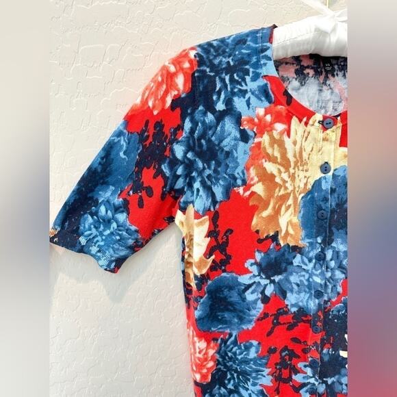 TALBOTS | Red Floral Print Cardigan Sweater Button Front Short Sleeve | XS - Picture 3 of 5